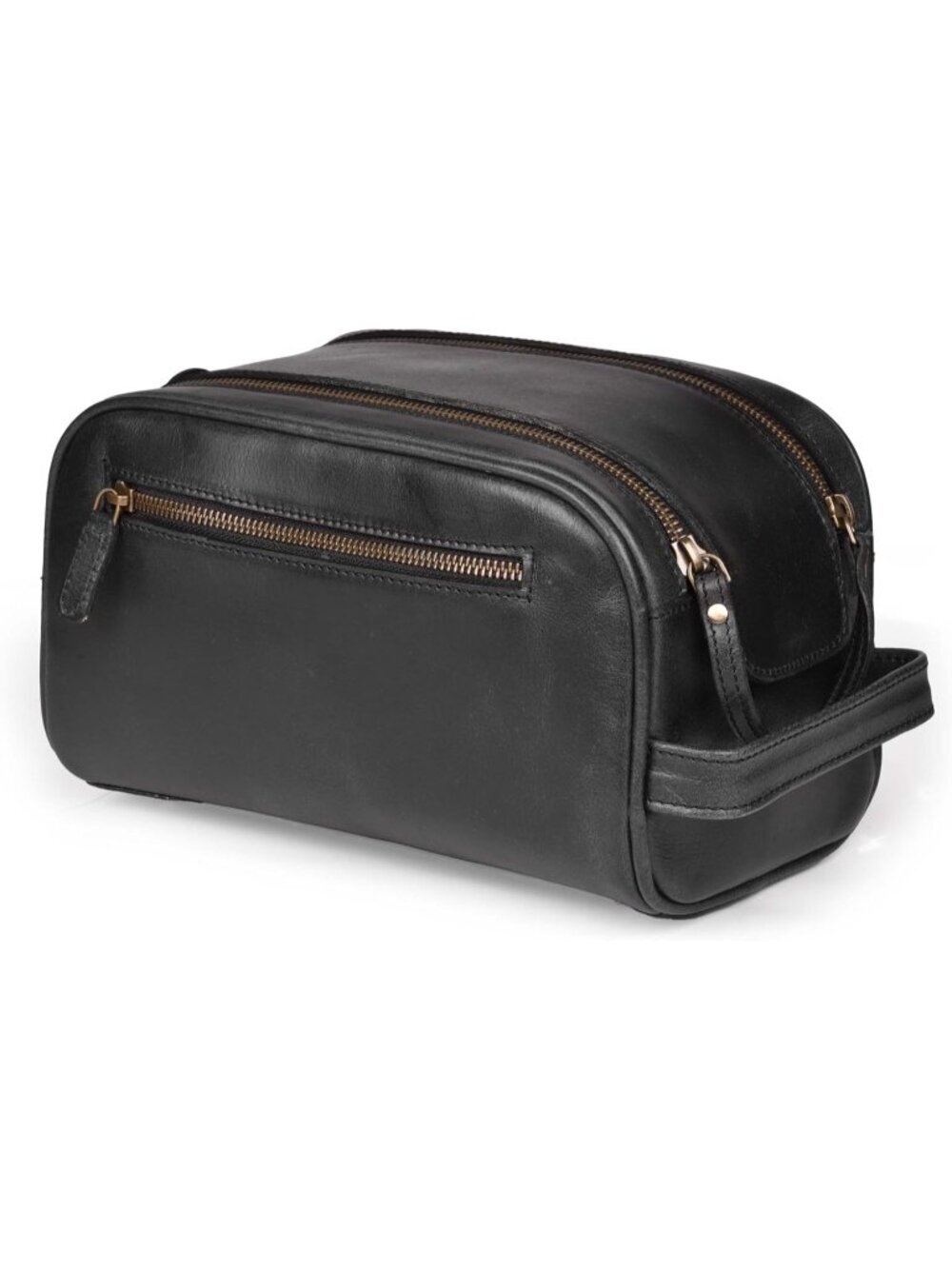 Men's Black Premium Leather Toiletry Travel with Waterproof Lining YKK Zippers